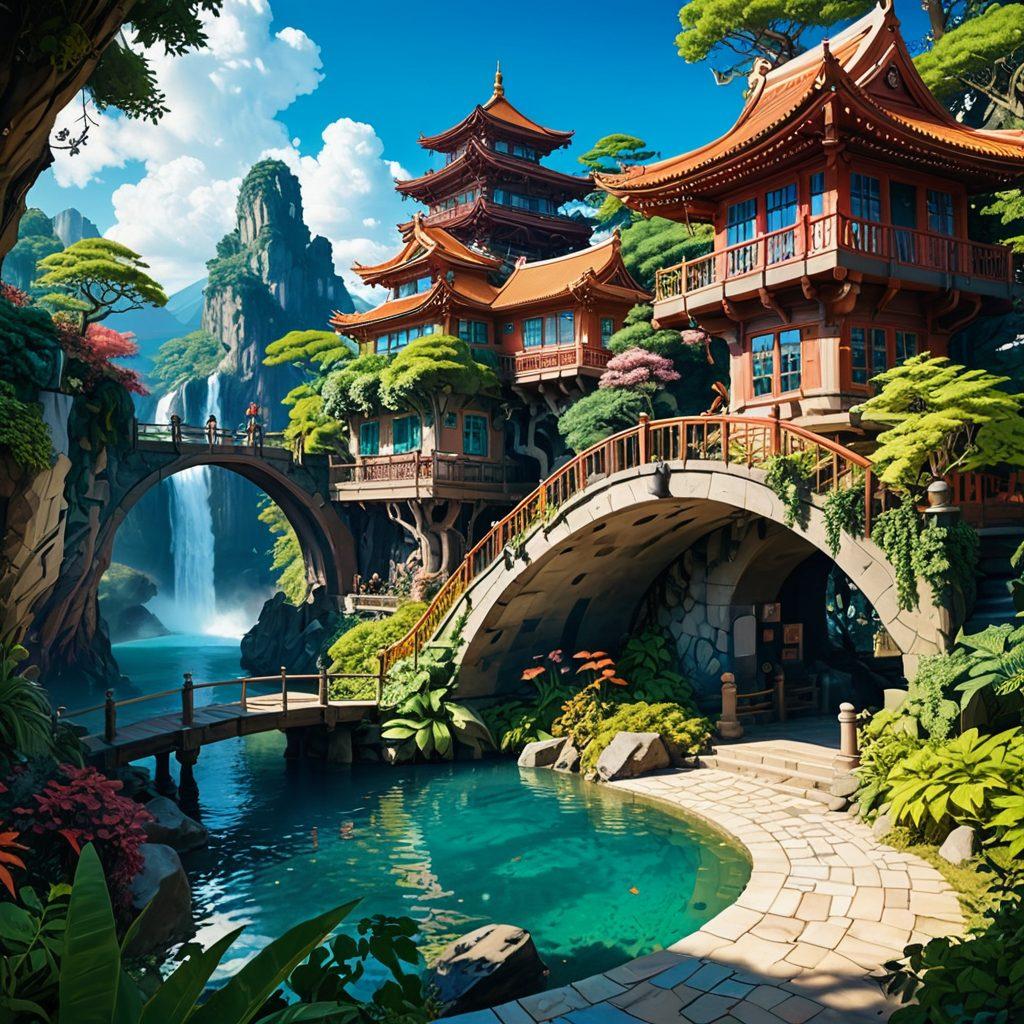 A mesmerizing scene depicting a whimsical and colorful world of adult animation, filled with playful, exaggerated characters showcasing elements of ecchi and hentai culture, surrounded by vibrant landscapes and fantastical architecture. Incorporate subtle nuances of intimacy and allure, blending humor with artistic expression. The atmosphere should be inviting and whimsical, inviting exploration and curiosity. high contrast. vibrant colors. manga style.