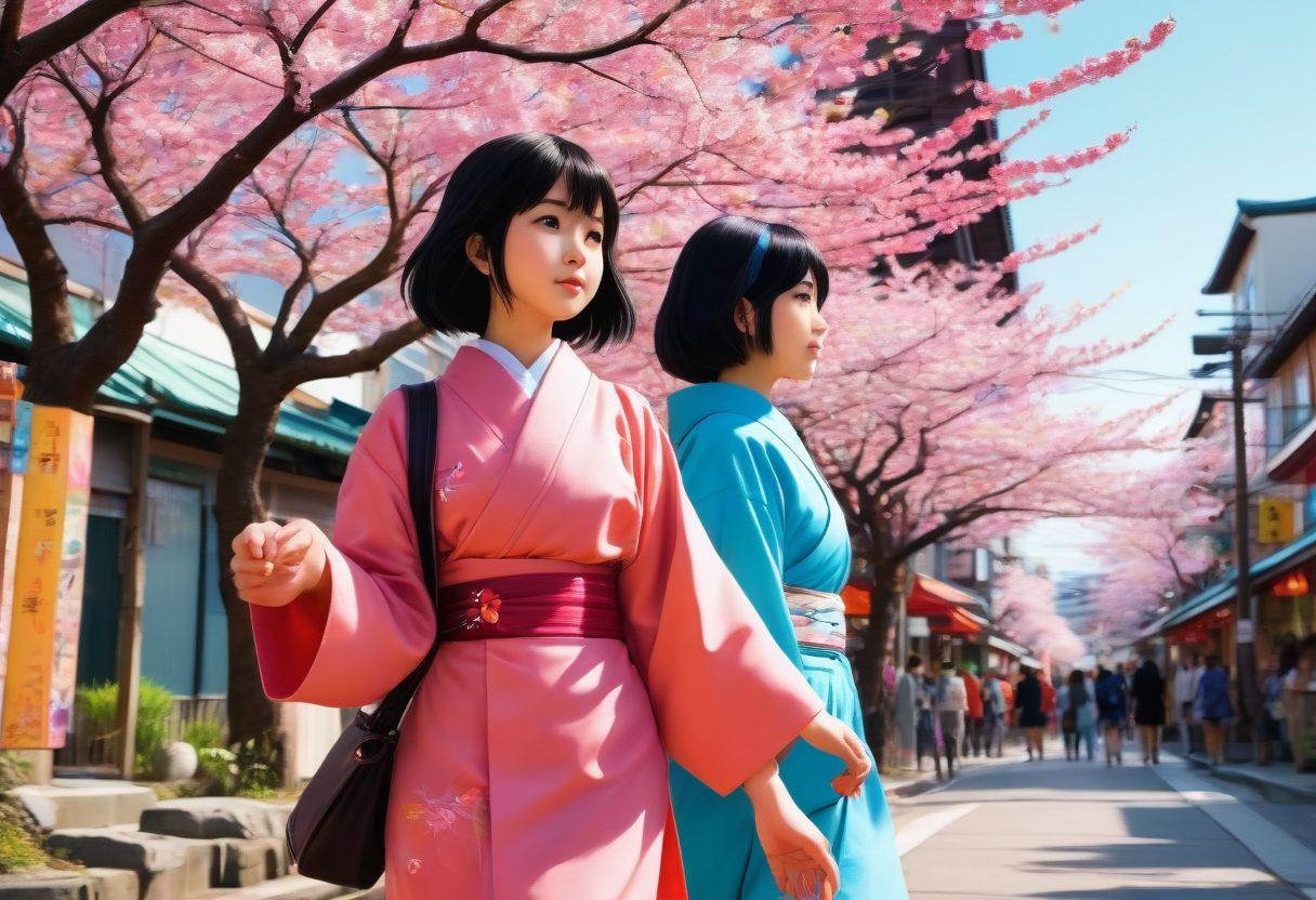 A dynamic scene showcasing the evolution of anime styles, from cute and colorful moe characters to more mature, nuanced figures, intertwined with elements of Japanese culture like cherry blossoms and urban landscapes. The image should capture a sense of curiosity and exploration, with hints of iconic manga panels in the background. Emphasize contrasting themes of innocence and maturity through character expressions. vibrant colors. super-realistic. 3D.