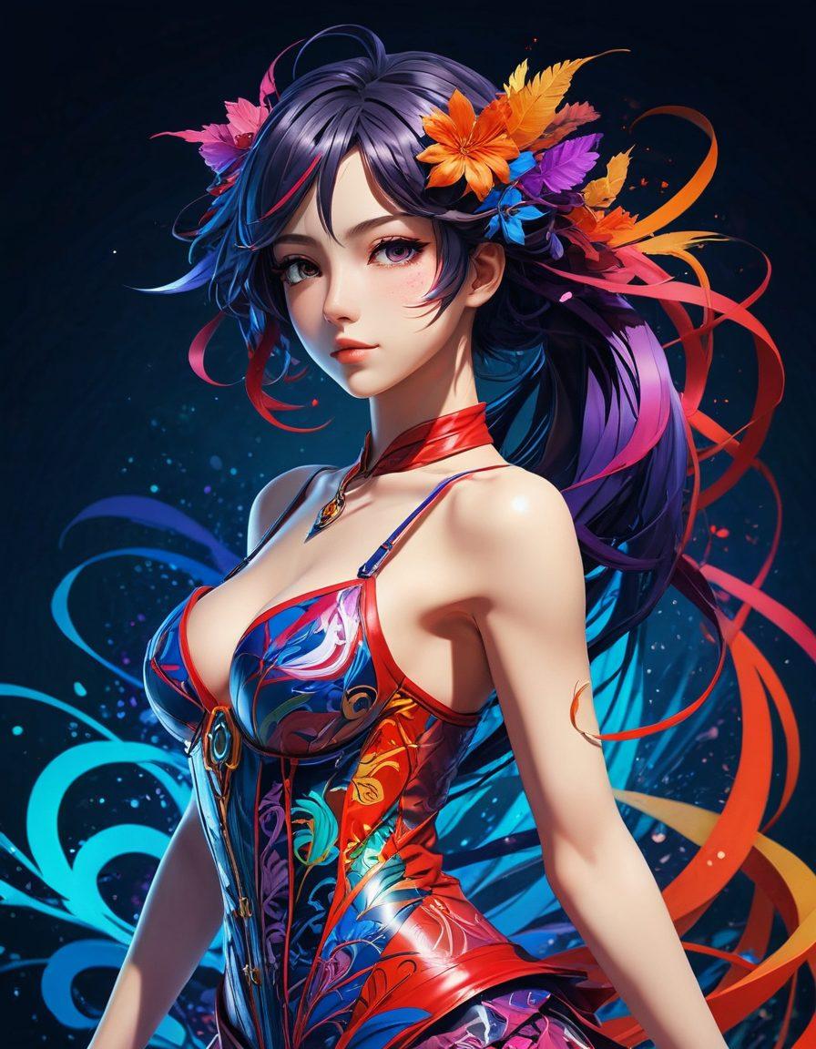 A captivating blend of manga and adult themes, featuring an intricately designed anime character in a sensual pose, surrounded by vibrant colors and artistic elements like brush strokes and graphic patterns. The background should include subtle hints of both fantasy and intimacy, emphasizing the artistic nature of the content. Capture a sense of allure and creativity, balancing the playful and the provocative. digital art. vibrant colors. 3D effects.